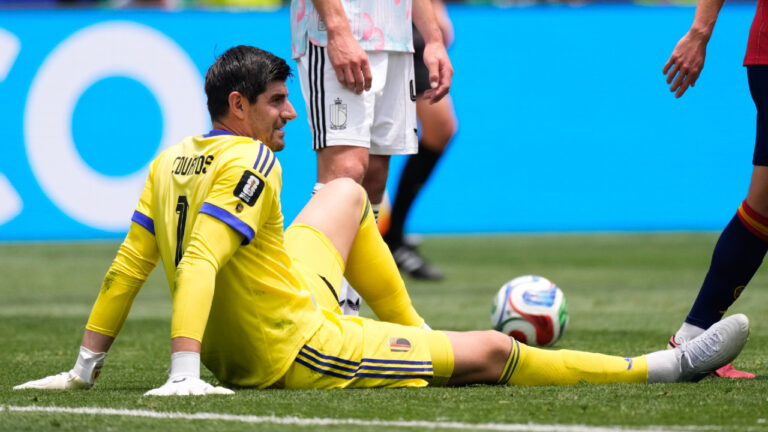 Belgium goalkeeper Thibaut Courtois (1) sits on the pitch before leaving the match during the World Cup quarterfinal soccer match between Spain and Belgium in Inglewood, Calif., near Los Angeles, Friday, July 10, 2026. (Mark J. Terrill/AP)