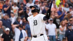 Detroit Tigers' Eduardo Valencia celebrates his home run against the Baltimore Orioles during the first inning of a baseball game Tuesday, July 28, 2026, in Detroit. (AP Photo/Paul Sancya)