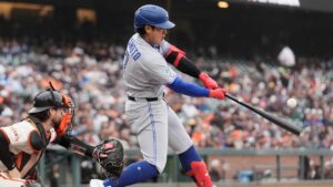 Toronto Blue Jays' Kazuma Okamoto flies out against the San Francisco Giants during the first inning of a baseball game Monday, July 6, 2026, in San Francisco. (Jeff Chiu/AP)