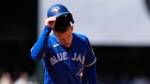 Toronto Blue Jays' Myles Straw reacts after flying out to end the top of the eighth inning against the Seattle Mariners of a baseball game, Sunday, July 5, 2026, in Seattle. (Lindsey Wasson/AP)