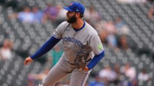 Toronto Blue Jays relief pitcher Tommy Nance (45) in the ninth inning of a baseball game Wednesday, Aug. 6, 2025, in Denver. (David Zalubowski/AP)