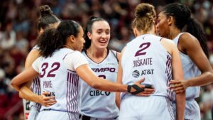 Toronto Tempo's Marina Mabrey (3) celebrates with teammates after drawing a foul against Dallas Wings during first half WNBA basketball action, in Montreal on Friday, July 10, 2026. (Christopher Katsarov/CP)