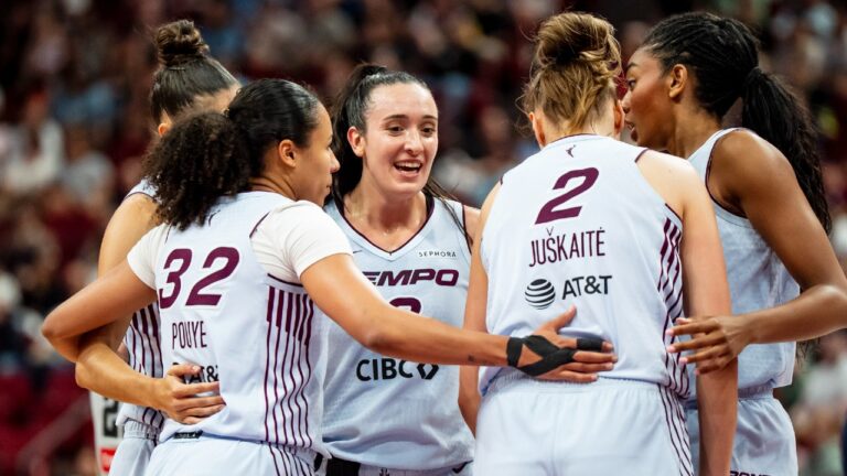 Toronto Tempo's Marina Mabrey (3) celebrates with teammates after drawing a foul against Dallas Wings during first half WNBA basketball action, in Montreal on Friday, July 10, 2026. (Christopher Katsarov/CP)