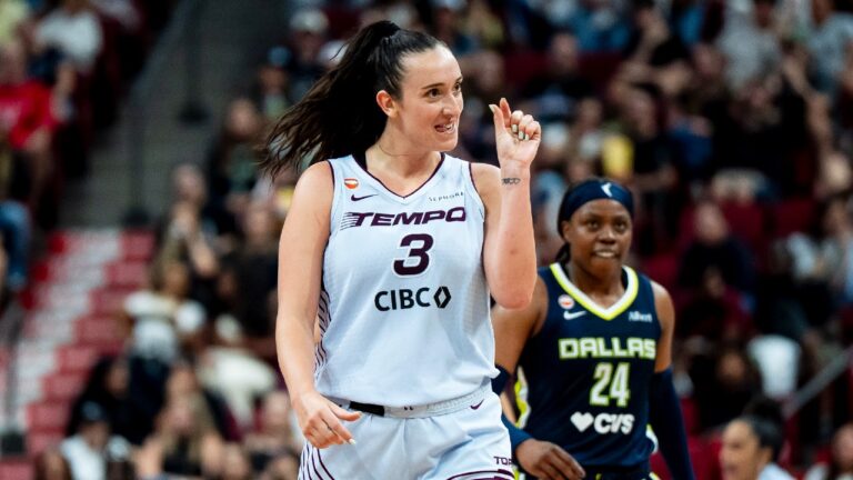 Toronto Tempo's Marina Mabrey (3) gestures after missing a three-pointer during second half WNBA basketball action against Dallas Wings, in Montreal on Friday, July 10, 2026. (Christopher Katsarov/CP)
