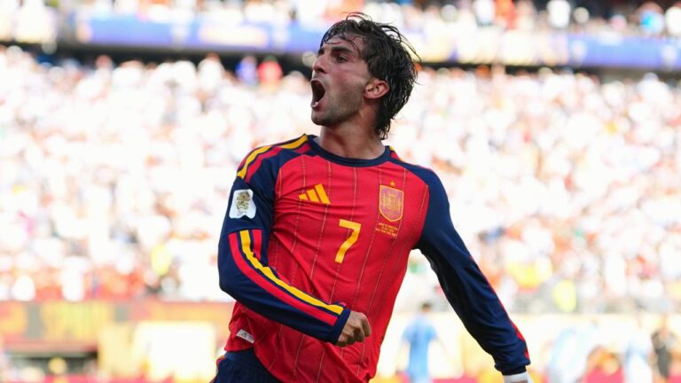 Spain's Ferran Torres (7) celebrates scoring their first goal during the World Cup final soccer match between Spain and Argentina in East Rutherford, N.J., near New York, Sunday, July 19, 2026. (Julio Cortez/AP)