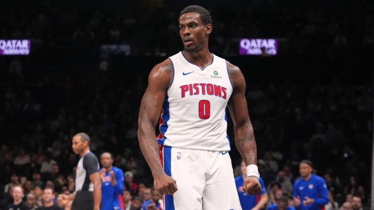 Detroit Pistons' Jalen Duren (0) reacts after scoring during the first half of an NBA basketball game against the Brooklyn Nets Tuesday, March 10, 2026, in New York. (AP Photo/Frank Franklin II)