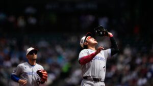 Toronto Blue Jays third baseman Kazuma Okamoto catches a pop fly off the bat of Seattle Mariners' Cal Raleigh during the first inning of a baseball game, Saturday, July 4, 2026, in Seattle. (AP Photo/Lindsey Wasson)