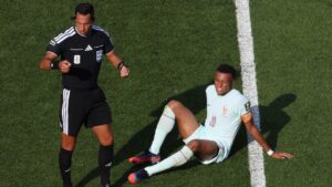 France's Kylian Mbappe (10) sits on the pitch during the World Cup quarterfinal soccer match against Morocco in Foxborough, Mass., near Boston, Thursday, July 9, 2026. (AP Photo/Mark Stockwell)