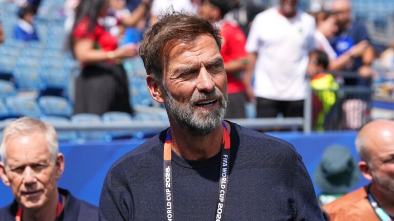 Former Liverpool coach Jurgen Klopp looks on pitch side prior to the World Cup quarterfinal soccer match between France and Morocco in Foxborough, Mass., near Boston, Thursday, July 9, 2026. (AP Photo/Martin Meissner)