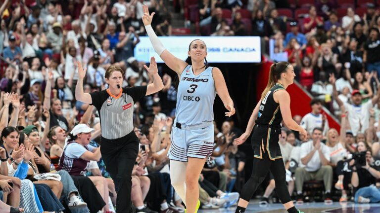 Toronto Tempo's Marina Mabrey (3) reacts after scoring a three-point shot during second half WNBA basketball action against the New York Liberty in Montreal, on Sunday, July 12, 2026. THE CANADIAN PRESS/Graham Hughes