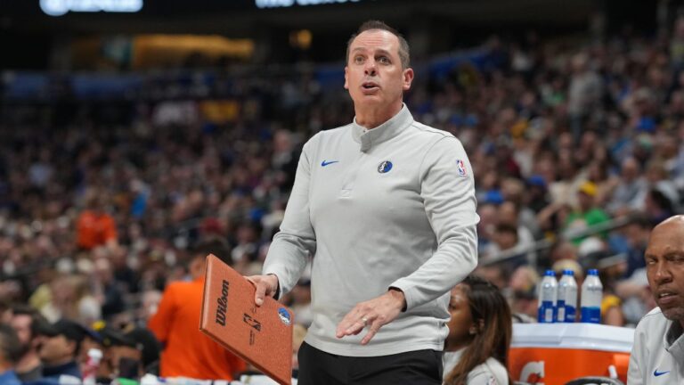 Dallas Mavericks assistant coach Frank Vogel in the second half of an NBA basketball game Wednesday, March 25, 2026, in Denver. (AP Photo/David Zalubowski)