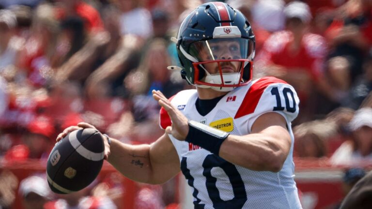 Montreal Alouettes quarterback Davis Alexander throws the football during first half CFL football action against the Calgary Stampeders, in Calgary, Saturday, July 18, 2026. THE CANADIAN PRESS/Jeff McIntosh