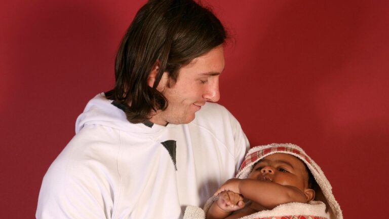 20-year-old soccer star Lionel Messi cradles Lamine Yamal, who was merely six months old at the time during a photo session in Sept. 2007 in the dressing room of the Camp Nou stadium in Barcelona, Spain. (AP Photo/Joan Monfort)