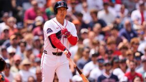 Boston Red Sox's Masataka Yoshida heads down to first after a walk in the second inning during the first baseball game of a doubleheader against the Baltimore Orioles, Wednesday, July 22, 2026, in Boston. (AP Photo/Charles Krupa)