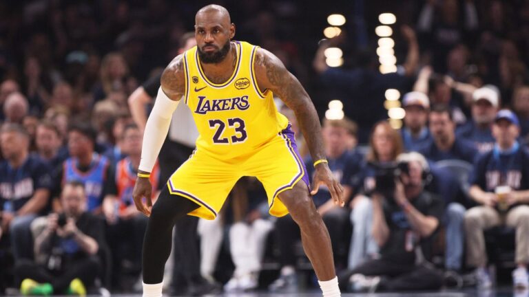 Los Angeles Lakers forward LeBron James defends in the first half of Game 2 in a second-round NBA basketball playoffs series against the Oklahoma City Thunder, Thursday, May 7, 2026, in Oklahoma City. (Nate Billings/AP)