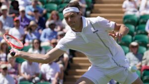 Taylor Fritz of the United States during his second round men's singles match at the Wimbledon Tennis Championships in London, on Thursday, July 2, 2026. (Brian Inganga/AP)