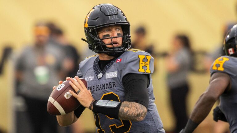 Hamilton Tiger-Cats quarterback Bo Levi Mitchell during the first half of CFL football action against the Winnipeg Blue Bombers in Hamilton on Sunday, July 5, 2026. (Nick Iwanyshyn/CP)
