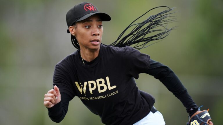 Mo'ne Davis during a Women's Pro Baseball League practice on Wednesday, March 18, 2026, in Fort Myers, Fla. (Rebecca Blackwell/AP)