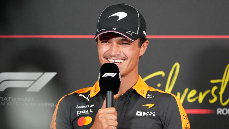 McLaren driver Lando Norris attends a news conference ahead of the British F1 Grand Prix, in Silverstone, England, on Thursday, July 2, 2026. (Darko Bandic/AP)