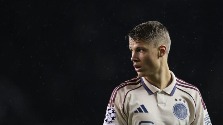 Sean Steur looks on during a Champions League match between Qarabag and Ajax in Baku, Azerbaijan, on Wednesday, Dec. 10, 2025. (AP)