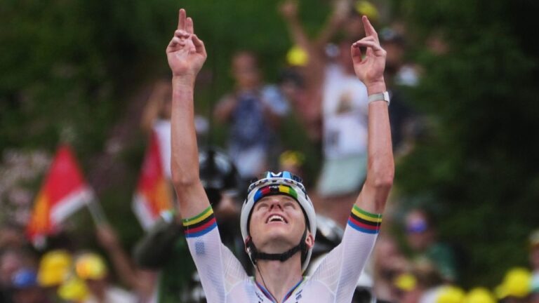 Slovenia's Tadej Pogacar celebrates as he crosses the finish line to win the sixth stage of the Tour de France in Gavarnie-Gedre, France, on Thursday, July 9, 2026. (Thibault Camus/AP)