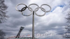 The Olympic rings outside Olympic Stadium in Montreal on Monday, May 4, 2026. (Christinne Muschi/CP).