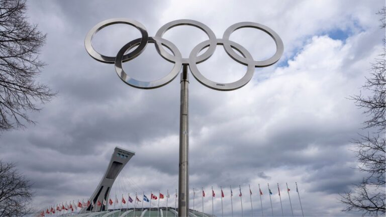 The Olympic rings outside Olympic Stadium in Montreal on Monday, May 4, 2026. (Christinne Muschi/CP).