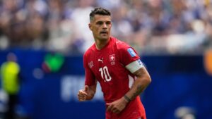 Granit Xhaka during Switzerland's World Cup match against Bosnia in Inglewood, Calif., on Thursday, June 18, 2026. (Gregory Bull/AP)