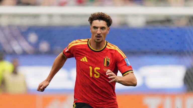 Thomas Meunier during Belgium's World Cup match against Iran in Inglewood, Calif., near Los Angeles, Sunday, June 21, 2026. (Andre Penner/AP)