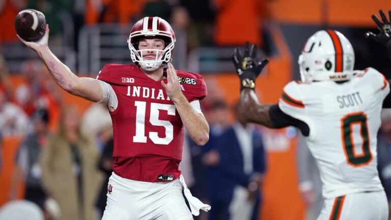 Indiana quarterback Fernando Mendoza during the College Football national championship game against Miami on Jan. 19, 2026, in Miami Gardens, Fla. (Rebecca Blackwell/AP)