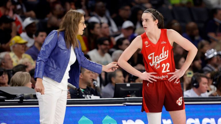 Indiana Fever head coach Stephanie White (left) with Caitlin Clark (right) during an WNBA basketball game against the Las Vegas Aces on Sunday, July 12, 2026, in Las Vegas. (Steve Marcus/AP)