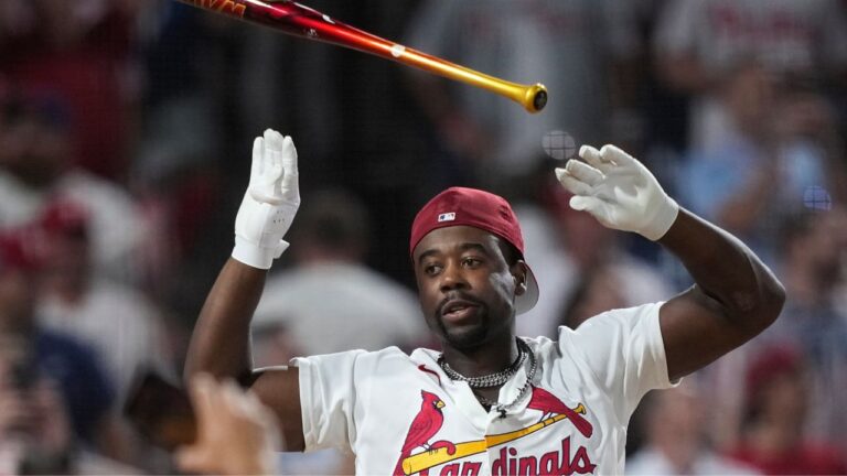 St. Louis Cardinals' Jordan Walker tosses the bat as he wins the MLB Home Run Derby on Monday, July 13, 2026, in Philadelphia. (Matt Slocum/AP)
