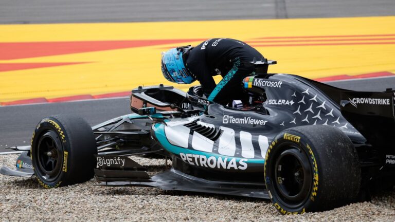 Mercedes driver George Russell after going off the track during the Formula One Grand Prix at the Spa-Francorchamps racetrack in Spa, Belgium, on Sunday, July 19, 2026. (Geert Vanden Wijngaert/AP)