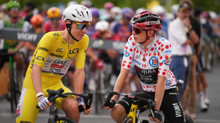 Slovenia's Tadej Pogacar (left) and Denmark's Jonas Vingegaard (right) before the start of the eleventh stage of the Tour de France with start in Vichy and finish in Nevers, France, Wednesday, on July 15, 2026. (Mosa'ab Elshamy/AP)