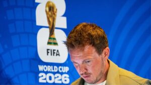 Germany head coach Julian Nagelsmann leaves a press conference ahead of the World Cup match between Germany and Paraguay in Foxborough, Mass., on Sunday, June 28, 2026. (Martin Meissner/AP)