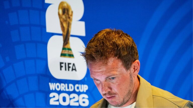 Germany head coach Julian Nagelsmann leaves a press conference ahead of the World Cup match between Germany and Paraguay in Foxborough, Mass., on Sunday, June 28, 2026. (Martin Meissner/AP)