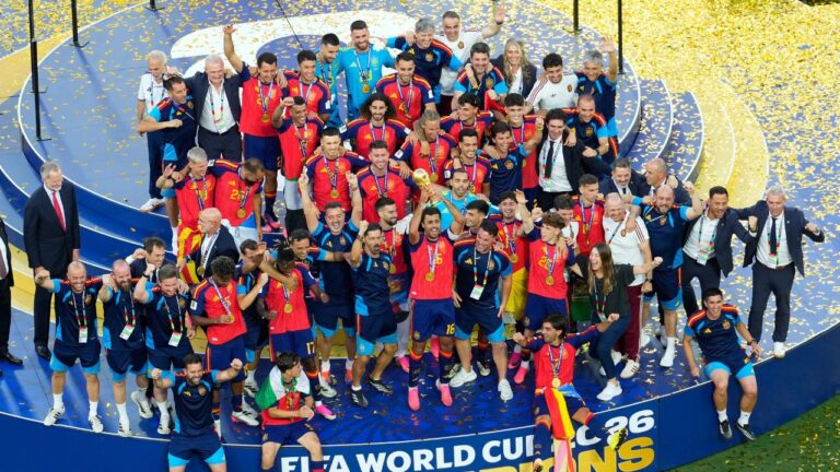 Spain players and coaches celebrate after winning the 2026 FIFA World Cup in East Rutherford, N.J., near New York, Sunday, July 19, 2026. (Yuki Iwamura/AP)