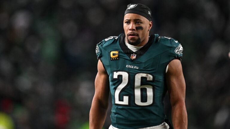 Philadelphia Eagles running back Saquon Barkley during an NFL game against the San Francisco 49ers on Sunday, Jan. 11, 2026, in Philadelphia. (Terrance Williams/AP)