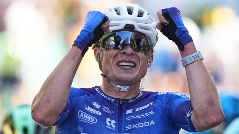 Belgium's Jasper Philipsen crosses the finish line to win the 17th stage of the Tour de France in Voiron France, on Wednesday, July 22, 2026. (Thibault Camus/AP)