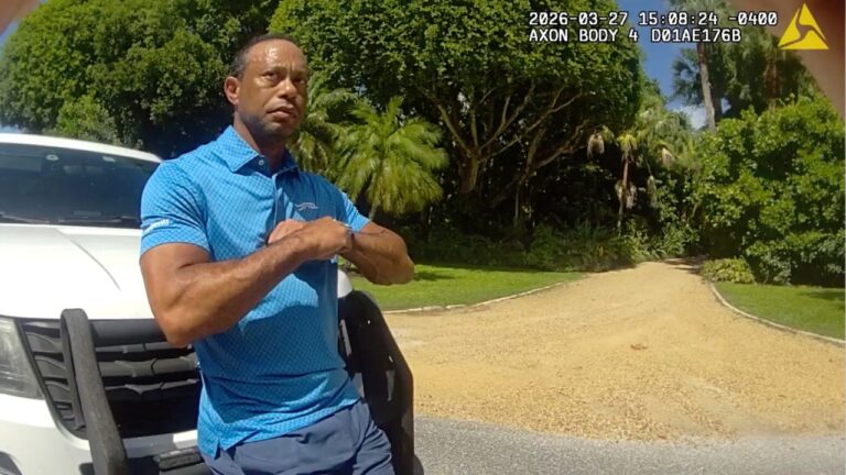 Tiger Woods performs a field sobriety test for sheriff's deputies following a car crash in Jupiter Island, Fla., March 27, 2026. (Martin County Sheriff's Office/AP)