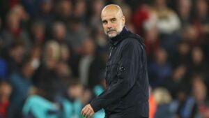 Manchester City's head coach Pep Guardiola at a Premier League soccer match between AFC Bournemouth and Manchester City in Bournemouth, England, on Tuesday, May 19, 2026. (Ian Walton/AP)