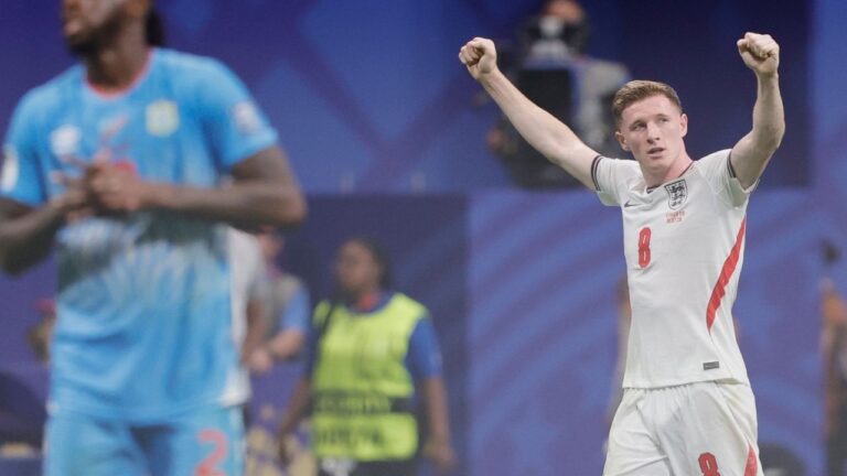 Elliot Anderson celebrates after the end of England's World Cup round of 32 match in Atlanta, Wednesday, July 1, 2026. (Butch Dill/AP)