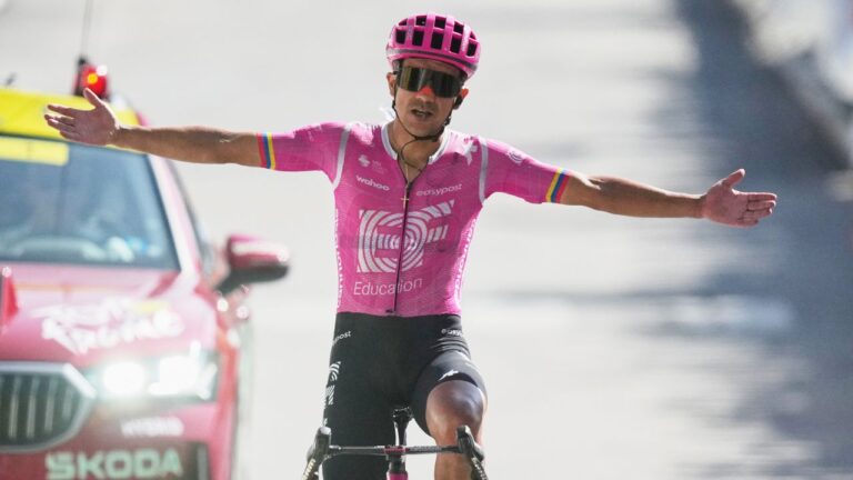 Ecuador's Richard Carapaz celebrates as he crosses the finish line to win the 18th stage of the Tour de France in Orcieres-Merlette, France, on Thursday, July 23, 2026. (Mosa'ab Elshamy/AP)
