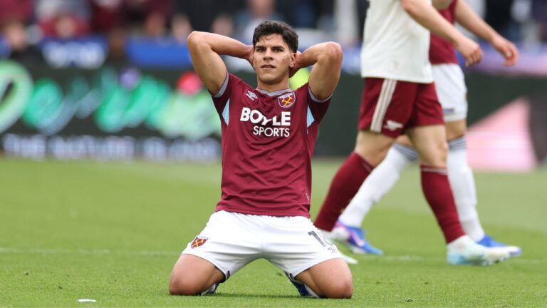 Mateus Fernandes during a Premier League soccer match between West Ham and Arsenal in London, on May 10, 2026. (Ian Walton/AP)