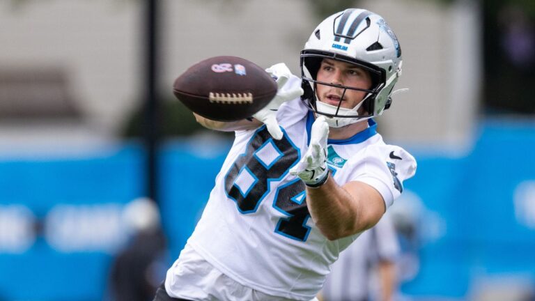 Carolina Panthers tight end Mitchell Evans during NFL training camp on Thursday, July 23, 2026, in Charlotte, N.C. (Scott Kinser/AP)
