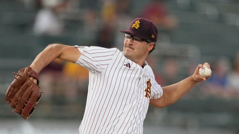 Arizona State pitcher Cole Carlon during an NCAA game against West Virginia on Friday, March 27, 2026, in Tempe, Ariz. (Rick Scuteri/AP)