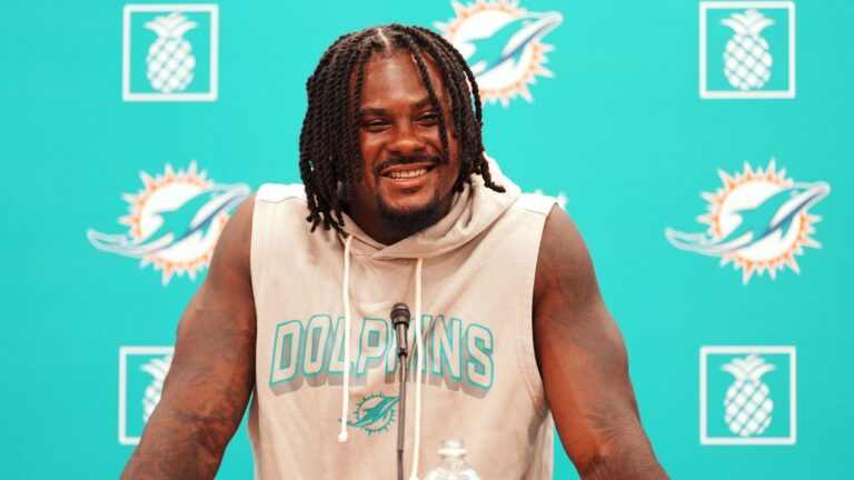 Miami Dolphins quarterback Malik Willis speaks to media at NFL training camp, on Tuesday, July 28, 2026, in Miami Gardens, Fla. (Rebecca Blackwell/AP)