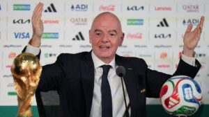 FIFA President Gianni Infantino speaks during a news conference in Mexico City on Wednesday, June 10, 2026, a day before the opening FIFA World Cup match between Mexico and South Africa. (Eduardo Verdugo/AP)