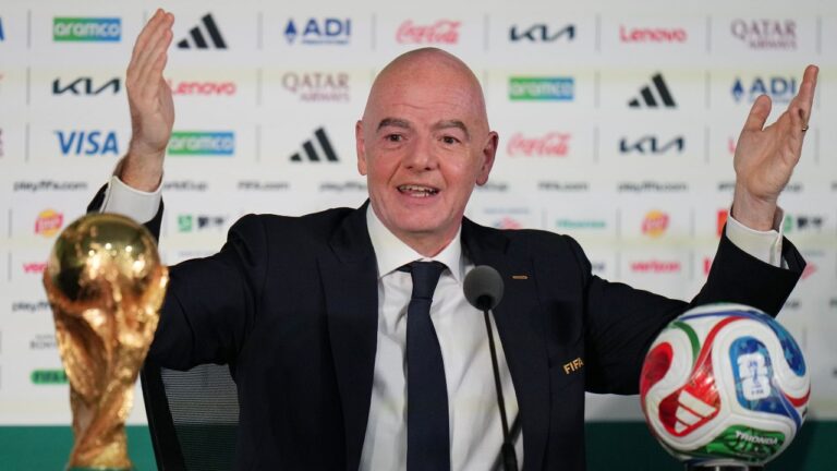 FIFA President Gianni Infantino speaks during a news conference in Mexico City on Wednesday, June 10, 2026, a day before the opening FIFA World Cup match between Mexico and South Africa. (Eduardo Verdugo/AP)