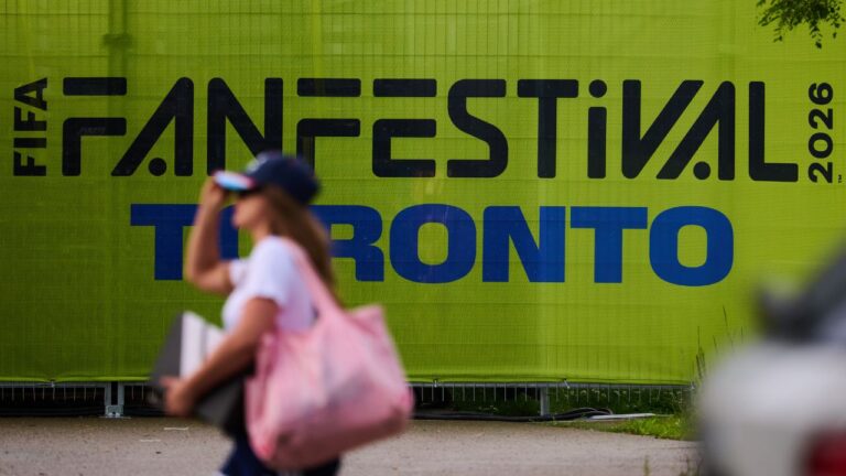 Signage outside the Fort York Toronto World Cup fan festival on Thursday, June 11, 2026. (Sammy Kogan/CP)
